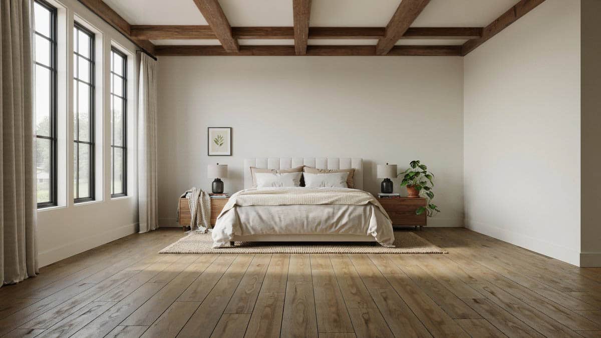 Master bedroom with upholstered headboard, exposed ceiling beams and wide plank hardwood floor