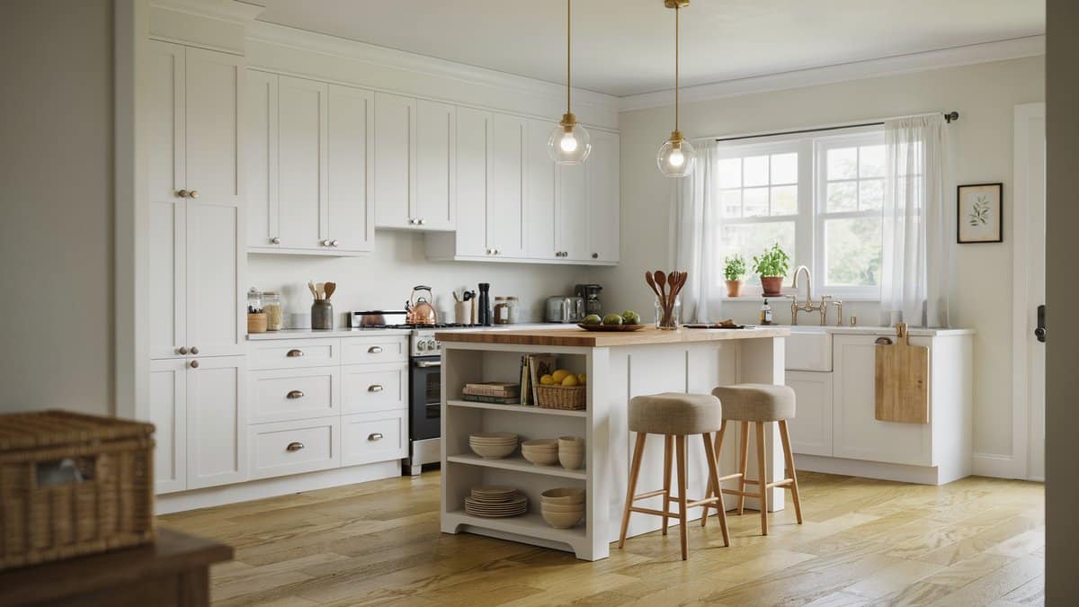 Country kitchen with pale oak vinyl planks, white shaker cabinets and breakfast bar island stools