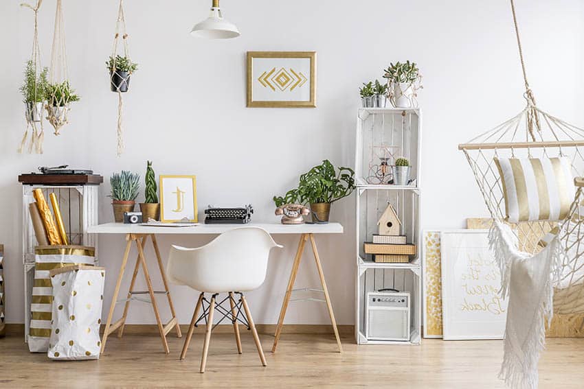 Bright office with wood flooring