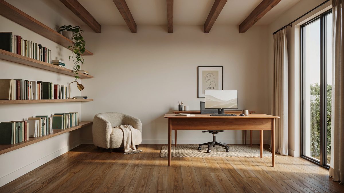 Bright home office with exposed wood ceiling beams and warm plank flooring
