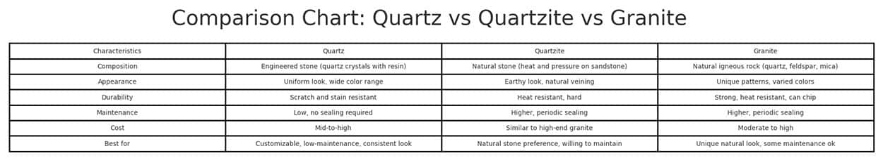 Comparison chart for quartzite, quartz and granite