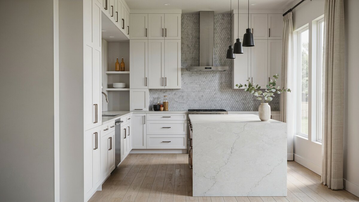 Cambria quartz waterfall island anchoring a white kitchen with gray penny tile