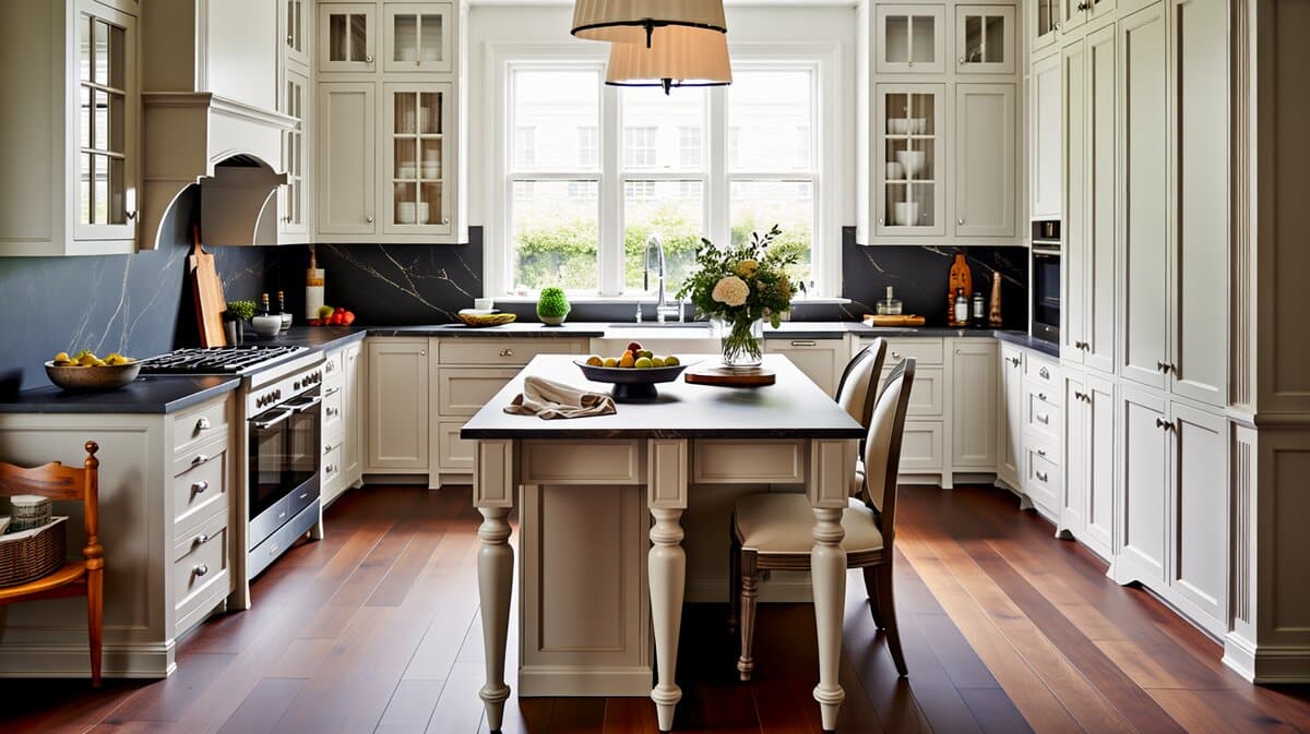 White shaker kitchen with dark gray quartz, a legged island and a wooden dining set