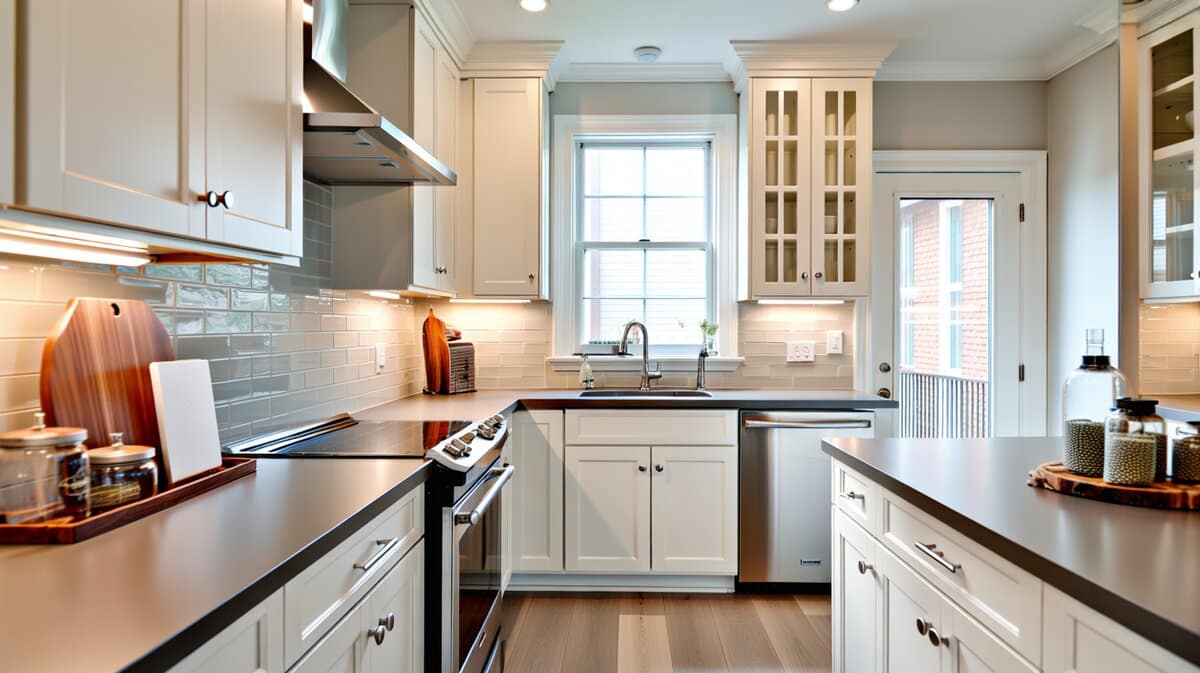 Black quartz with white cabinetry