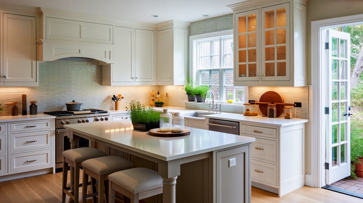 White cabinets with gray quartz, a glass tile backsplash and warm under cabinet lighting