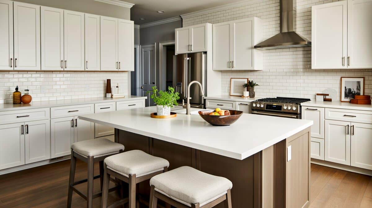 White shaker kitchen with a white quartz island and warm subway tile backsplash