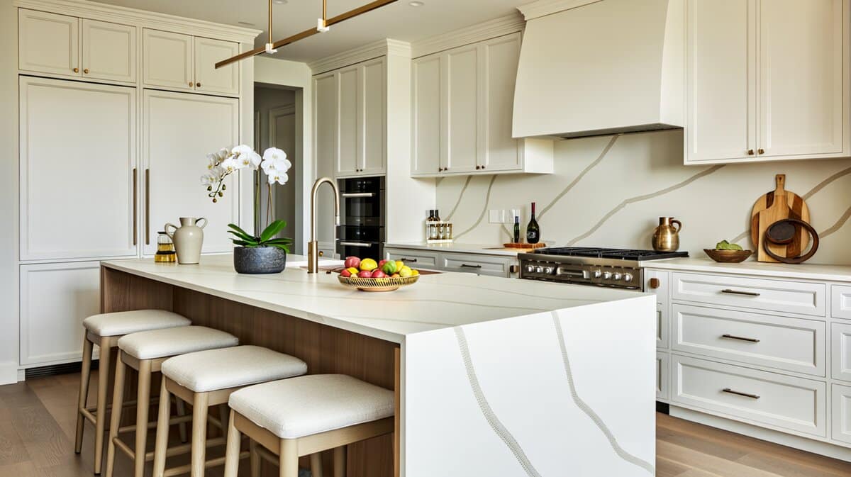 White cabinets and a veined quartz waterfall island with cream stools and an orchid