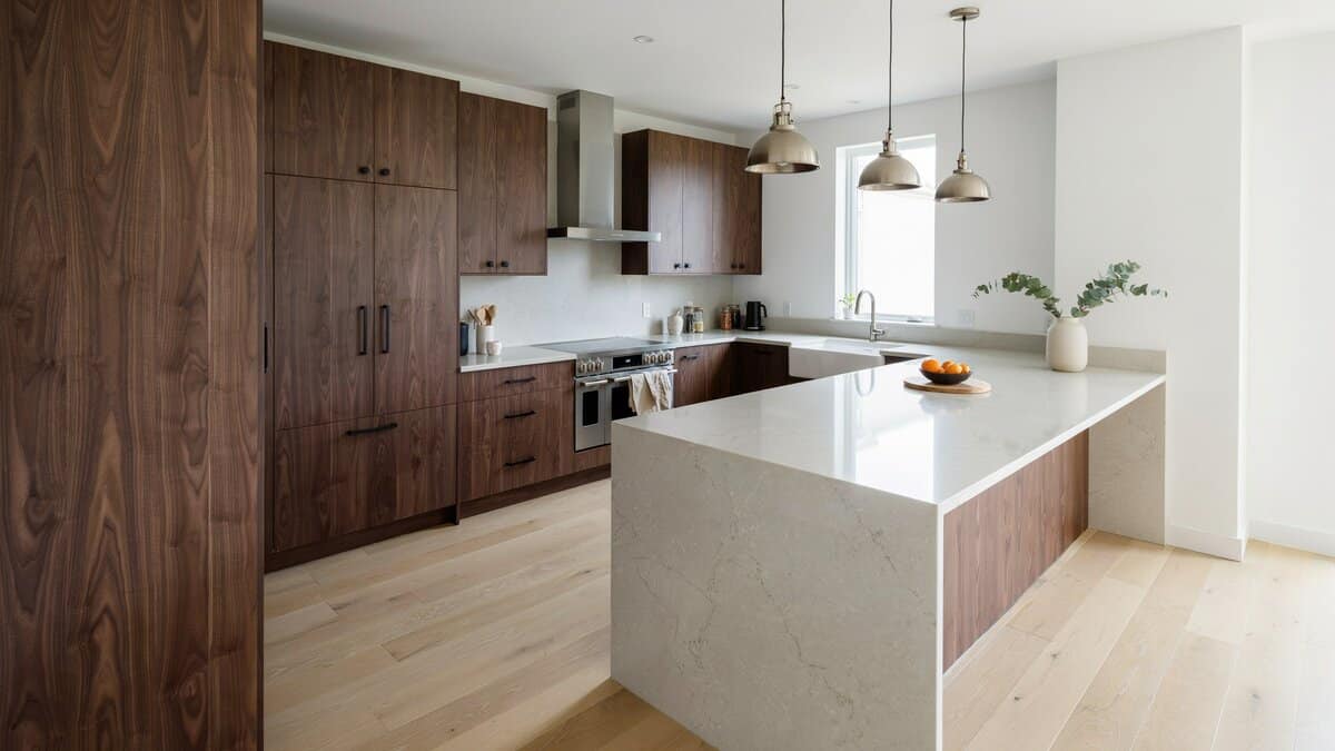 Contemporary kitchen with thick white quartzite slab counters and dark walnut cabinets