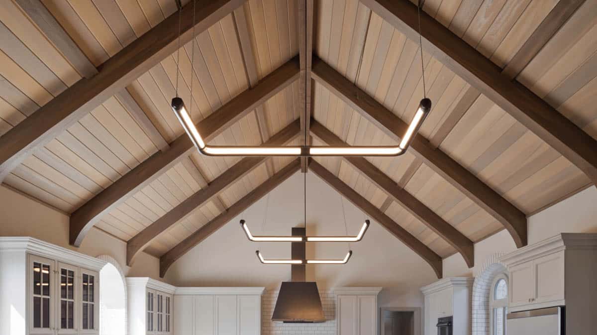 This contemporary kitchen with wood ceiling design looks stylish with