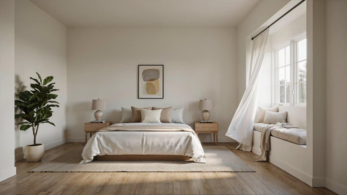 Master bedroom with warm oak laminate floors, low platform bed and cushioned window seat nook