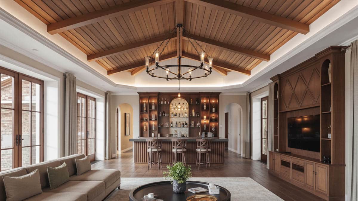 This country kitchen design features black cabinets with plenty of