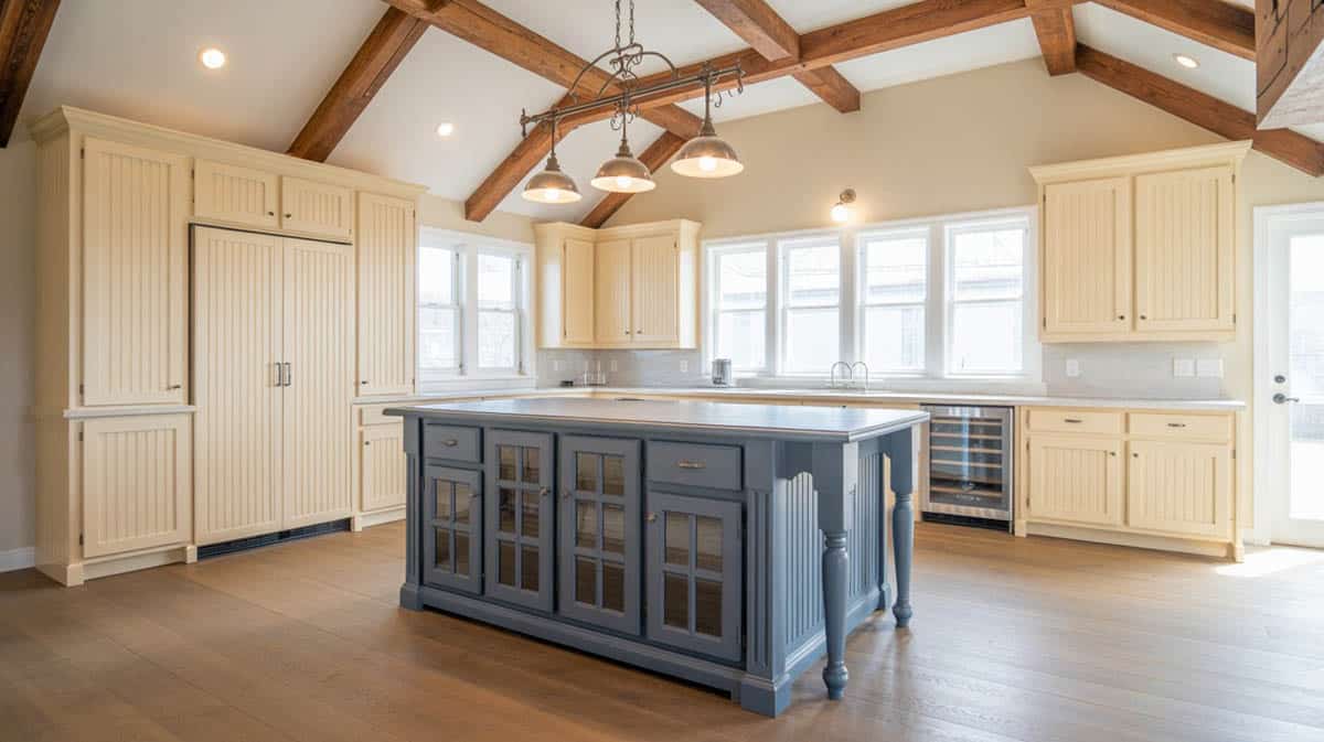 Farmhouse kitchen with soft-powder blue paint for the island
