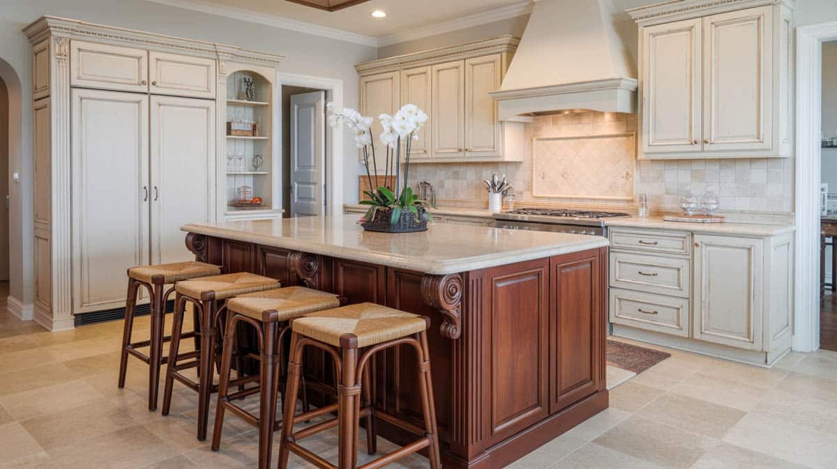 Cream raised cabinets and cherry island kitchen