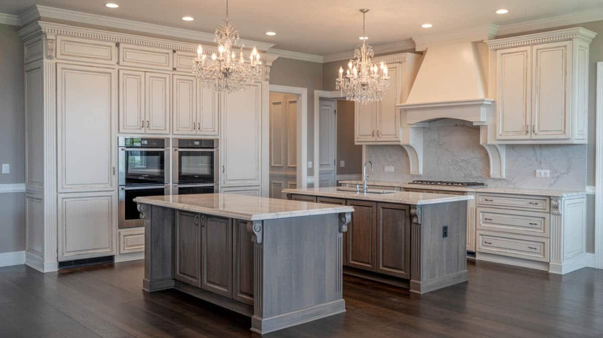 Two gray-brown islands in the kitchen with chandeliers