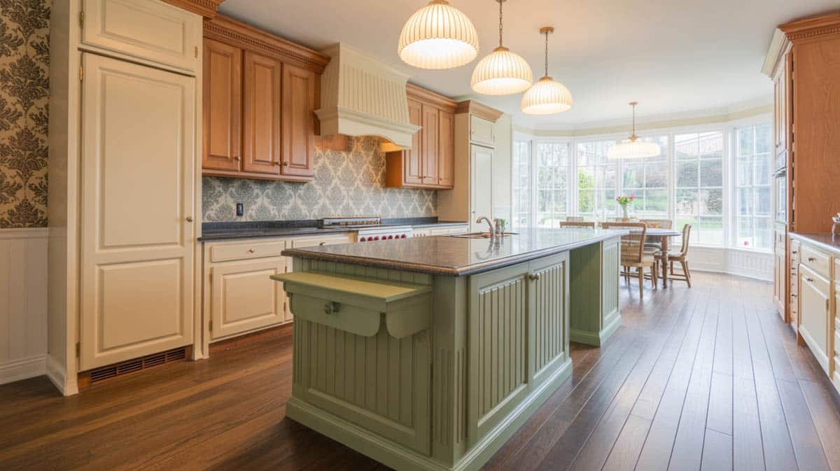Country kitchen with sage green island