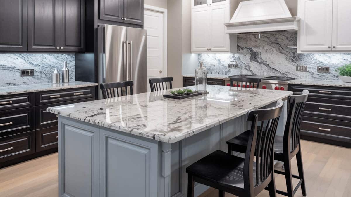Dark black raised-panel overhead and under-counter cabinets with stainless steel handles