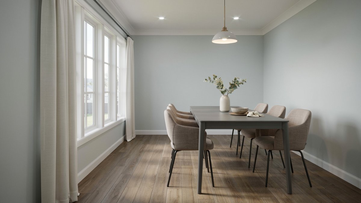 Dining room with mid oak laminate floors, grey table, oatmeal linen chairs and panel windows