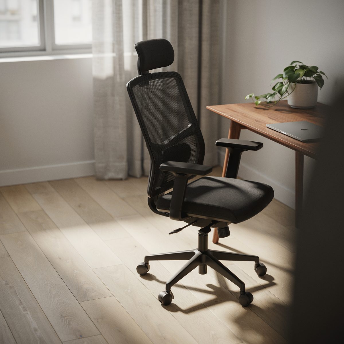 Black mesh ergonomic office chair with padded headrest and adjustable armrests
