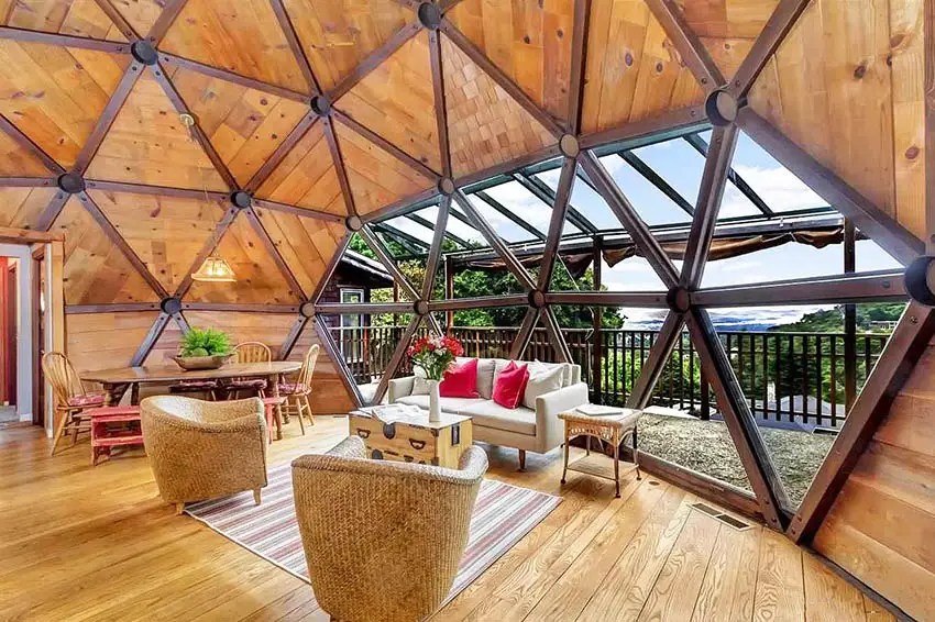 Geodesic house interior with views