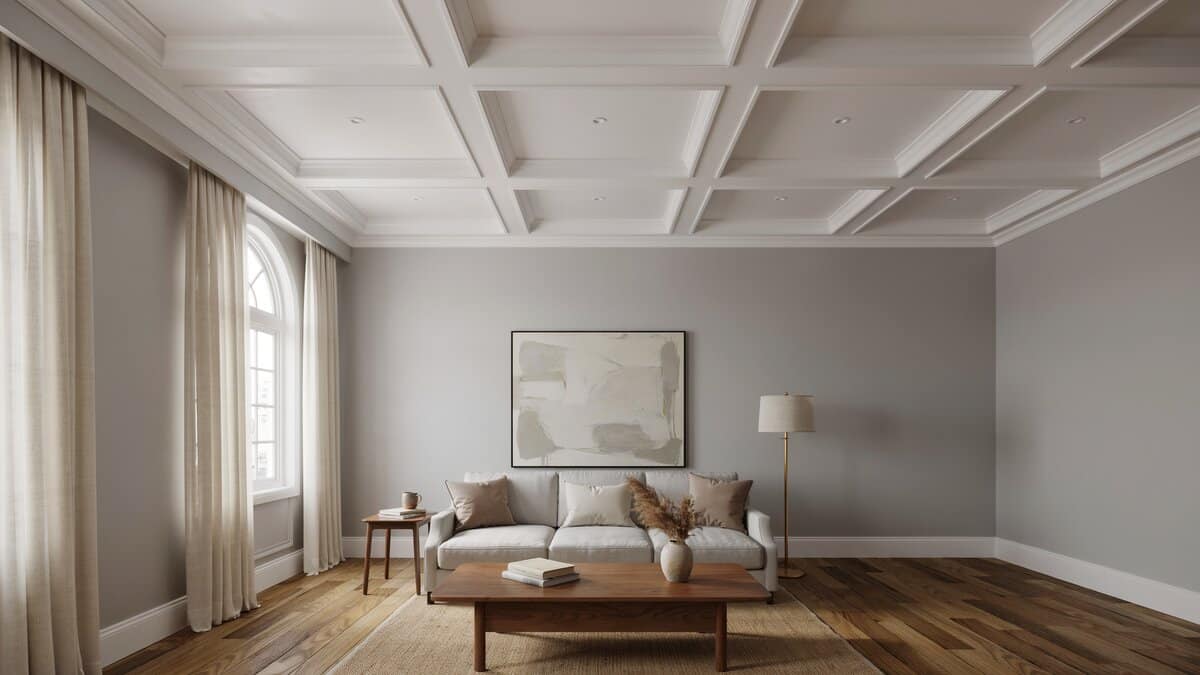 Gray walls and white coffered ceiling above a neutral sofa and wood floor