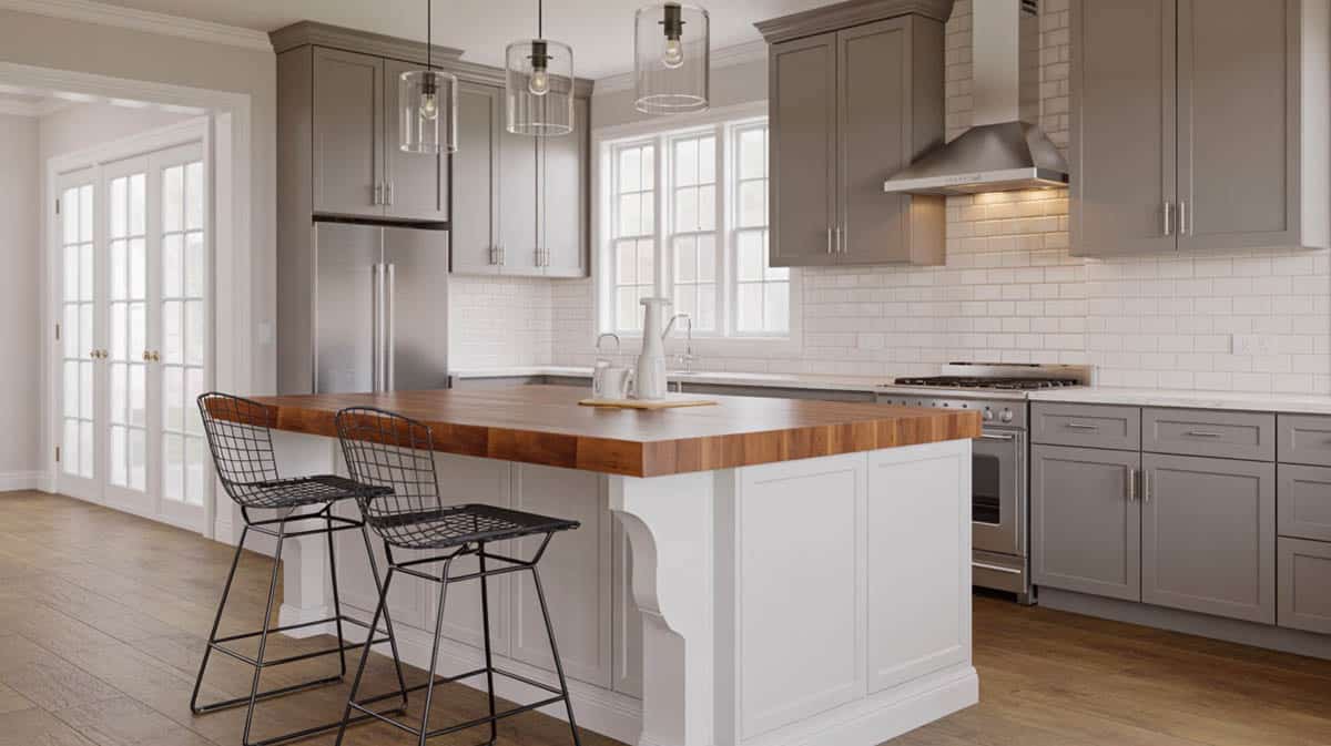 gray and white themed kitchen