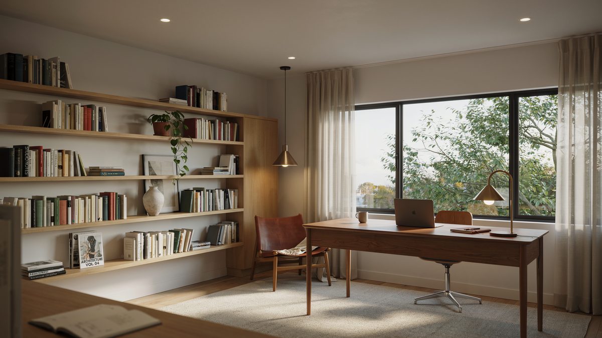 Contemporary workspace lit by a brass pendant, desk lamp, and wide picture window