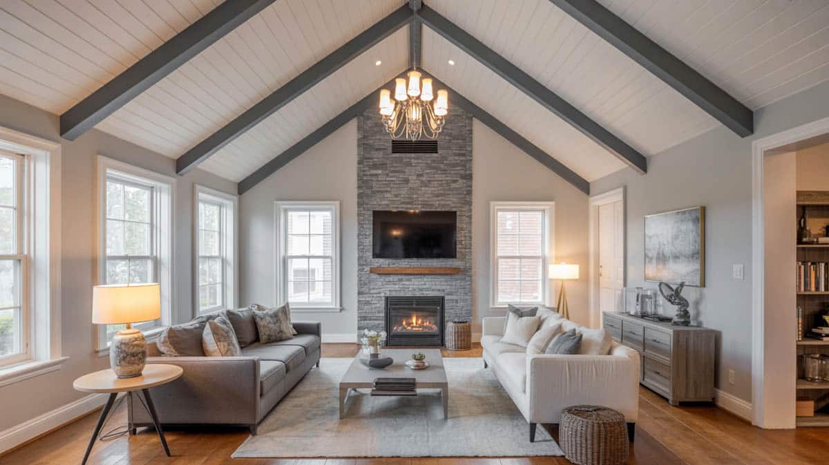 Kitchen with vaulted ceiling, wood beam, white cabinets and black