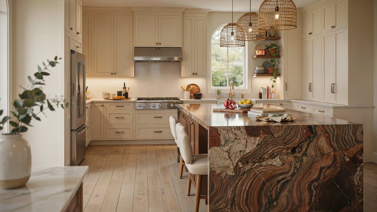 Cream kitchen with a fantasy brown granite waterfall island and woven pendant lights