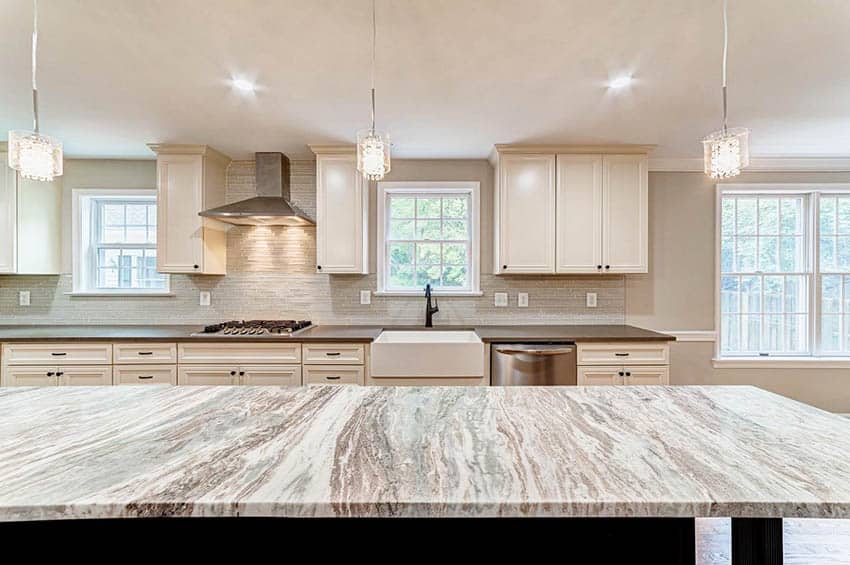 Kitchen with fantasy brown granite countertop island