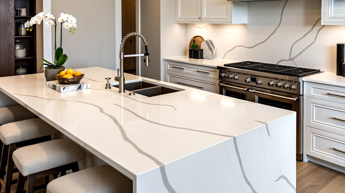 Seamless white quartz counters with an undermount sink and a waterfall edge island