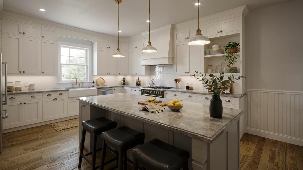 Classic kitchen with a granite island, off white cabinets and white wainscoting
