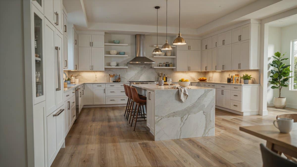 Modern kitchen with light laminate floors, white cabinets, marble waterfall island and brass pendants