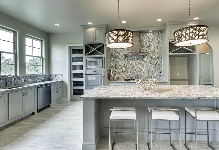 Light gray, light green paint and granite countertops