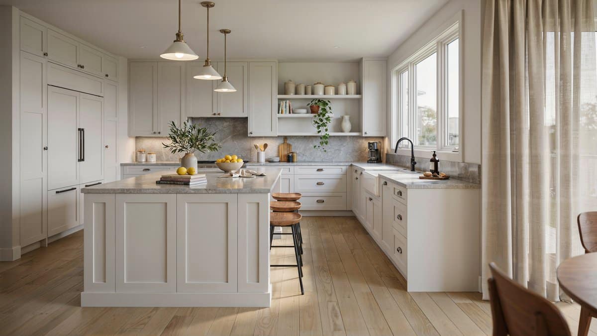 White kitchen with platinum velvet grey quartzite countertops and a wood stool island