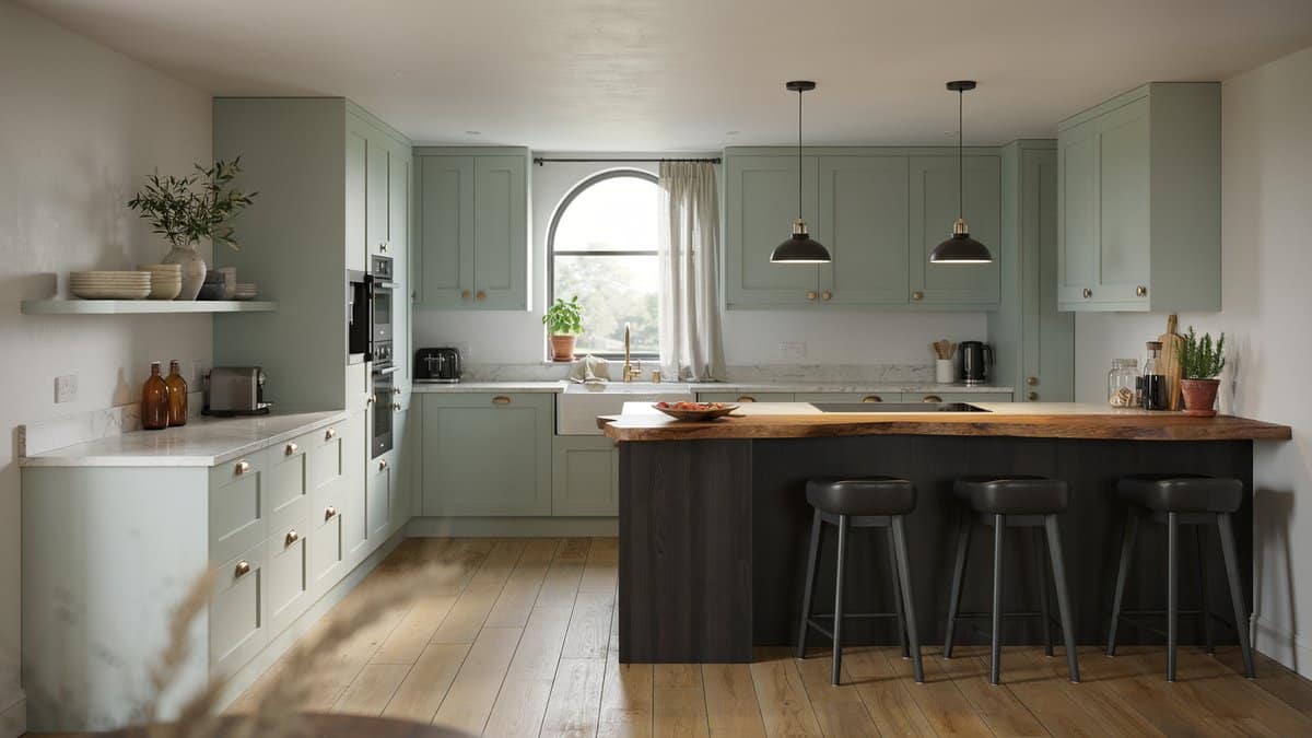 Sage green kitchen with a dark wood island and white quartzite countertops