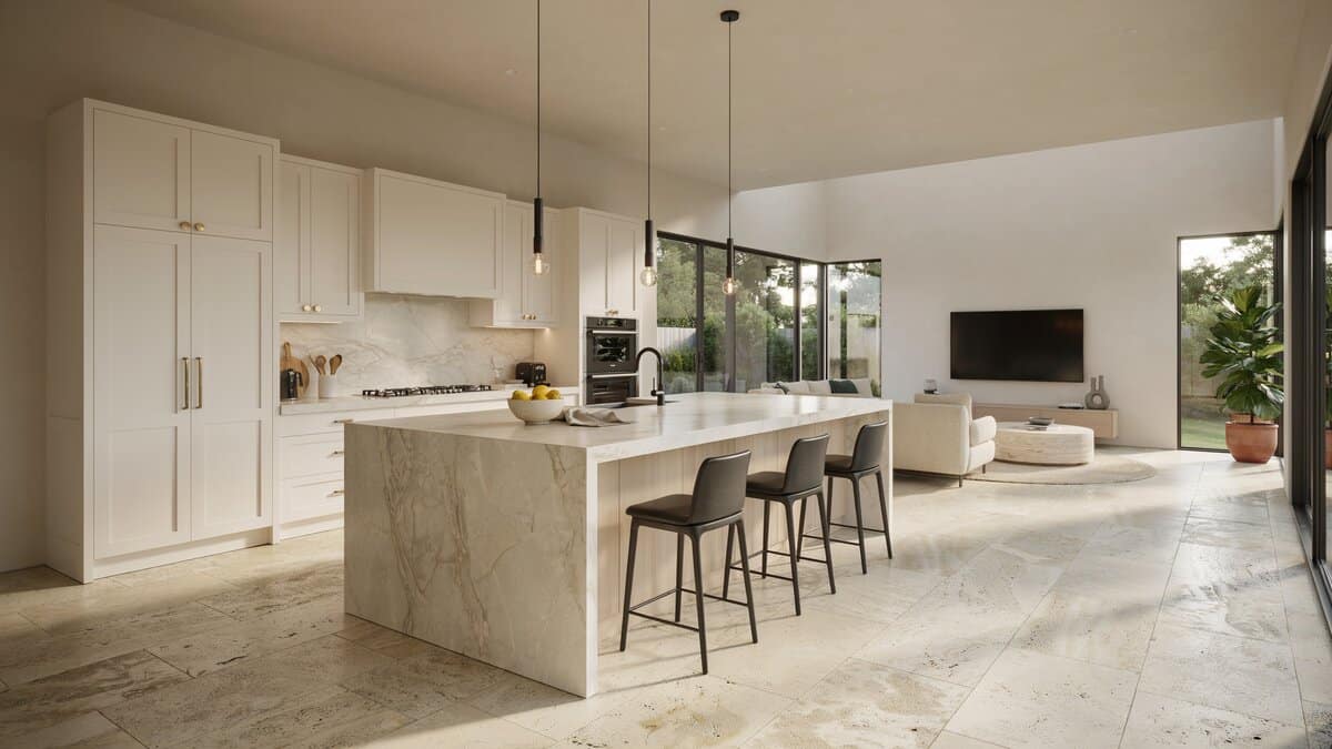 Open quartzite island kitchen with solid wood cabinets and travertine tile floors
