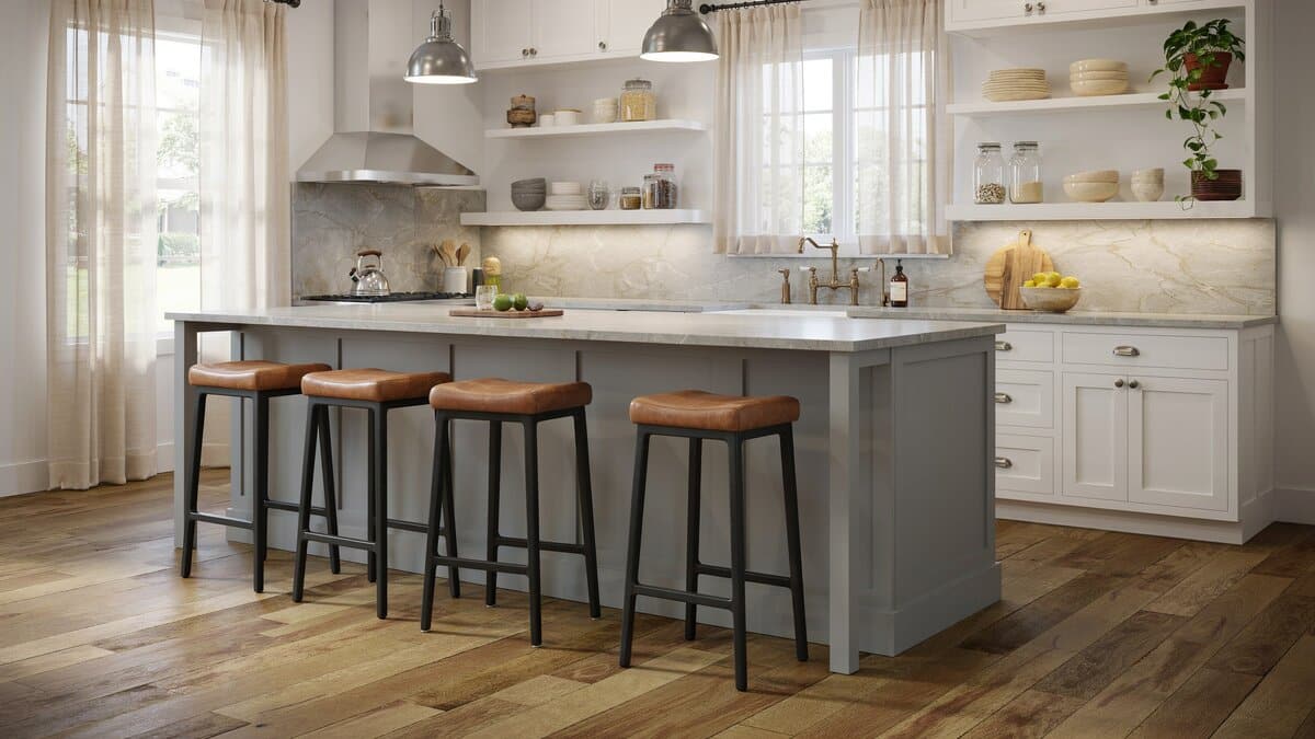 Quartzite kitchen with antique white cabinets and a contrasting gray center island