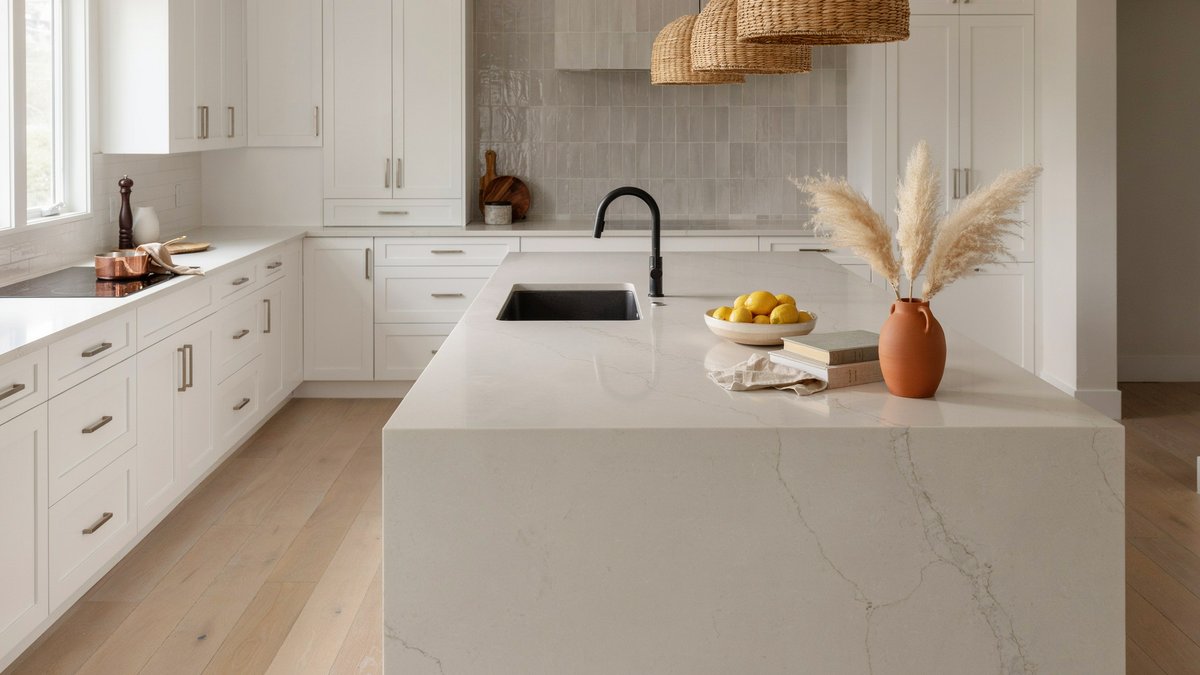 Modern white kitchen with a quartzite waterfall peninsula and gray tile backsplash