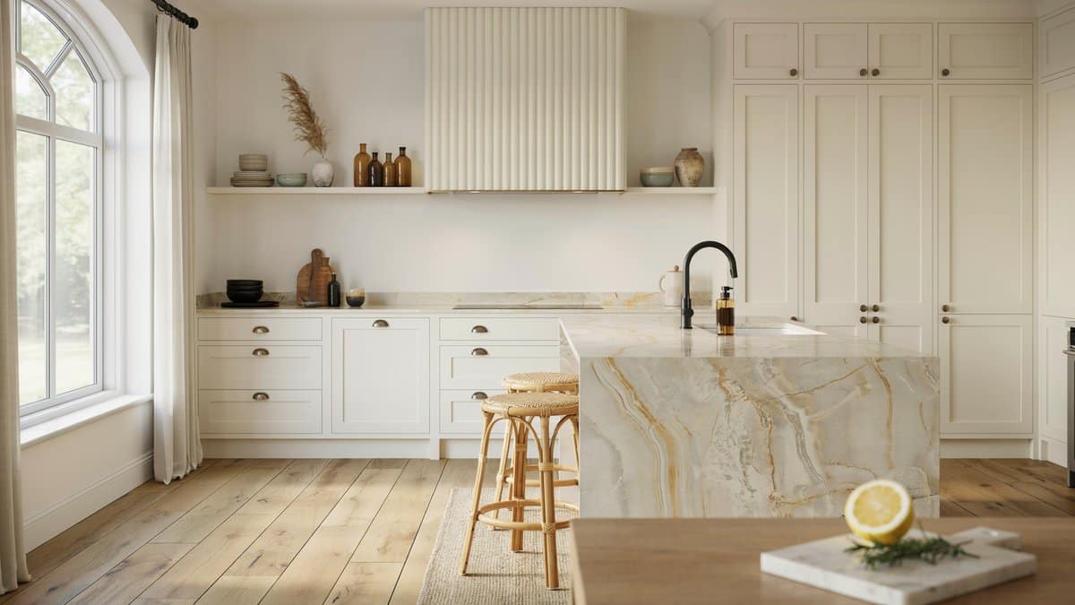 Cream kitchen with a Taj Mahal quartzite island and hand scraped wood flooring