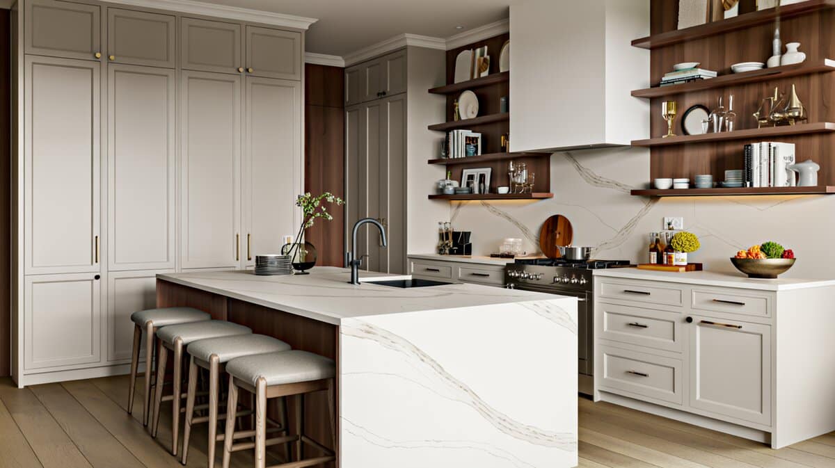 Gray shaker cabinets with a white quartz waterfall island and styled open walnut shelving