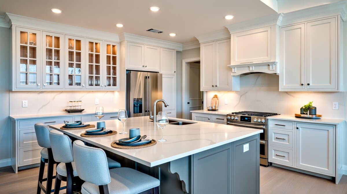 White cabinets with gray veined quartz and a blue island with light blue stools