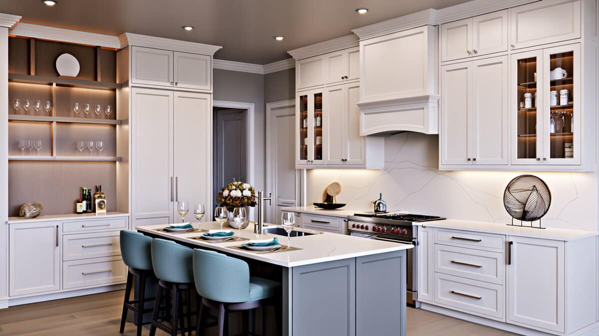 White kitchen with a gray quartz island, a glass front wet bar and light blue chairs