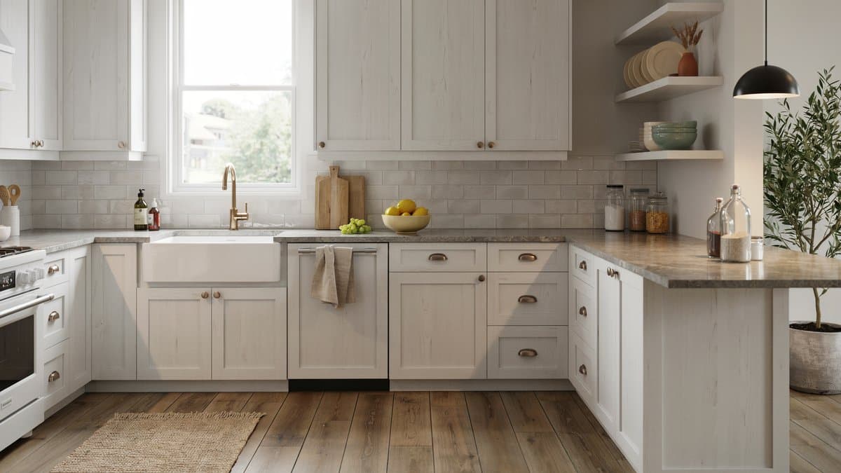 Whitewashed wood kitchen with granite countertops and a farmhouse apron sink