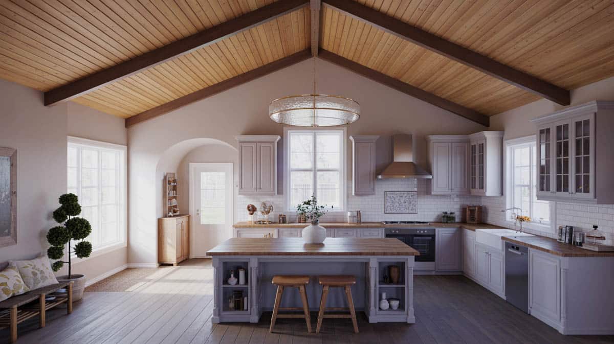 Kitchen with interesting wood truss design, linear pendant lighting and