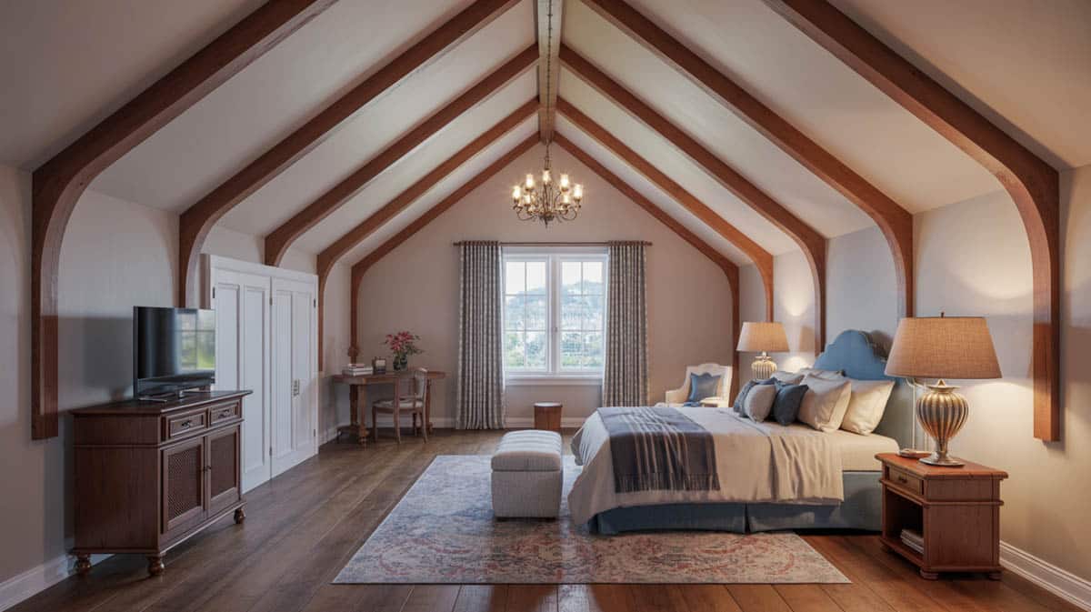 Large living room with high vaulted wood beam ceiling and