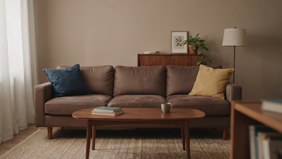 Light brown sofa with blue and yellow pillows on a warm neutral rug