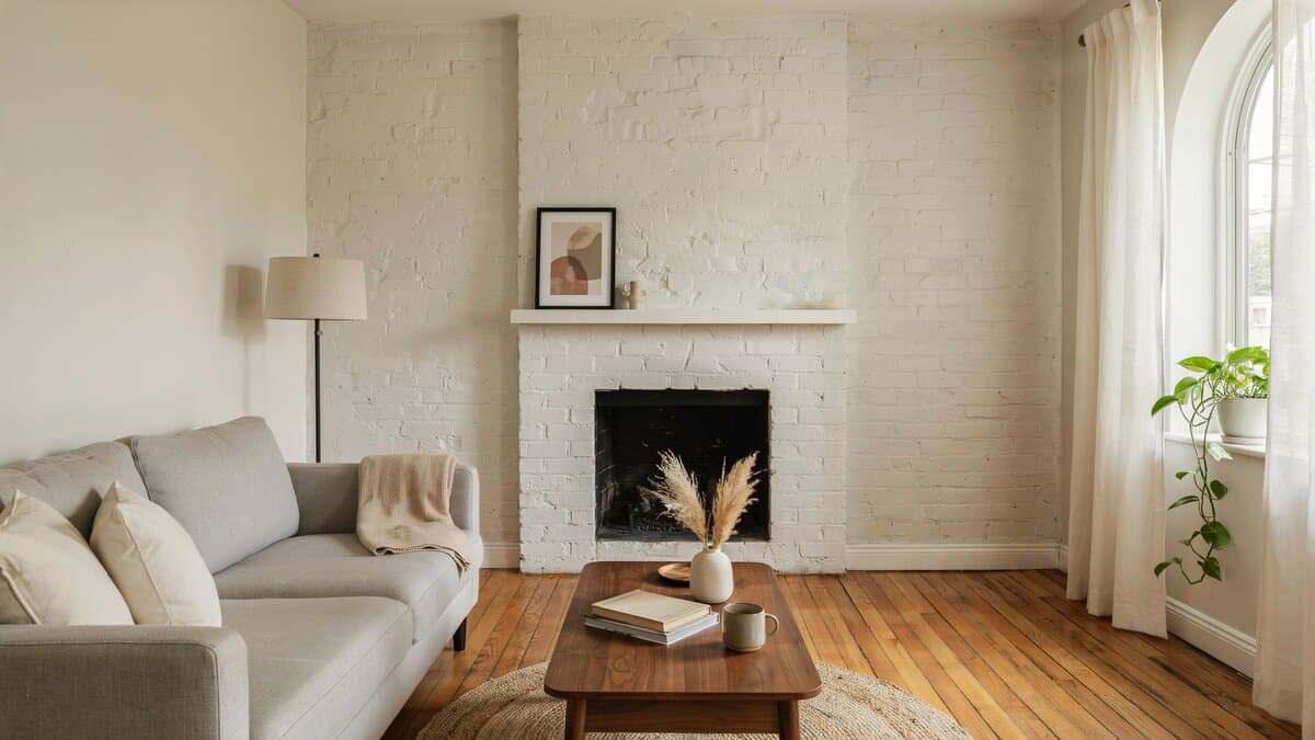 Soft gray sofa beside a white painted brick fireplace and oak flooring