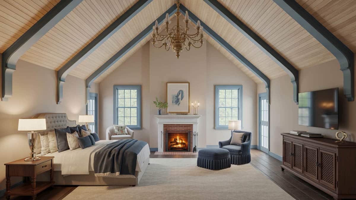 This wood plank ceiling provided visual interest and brings a