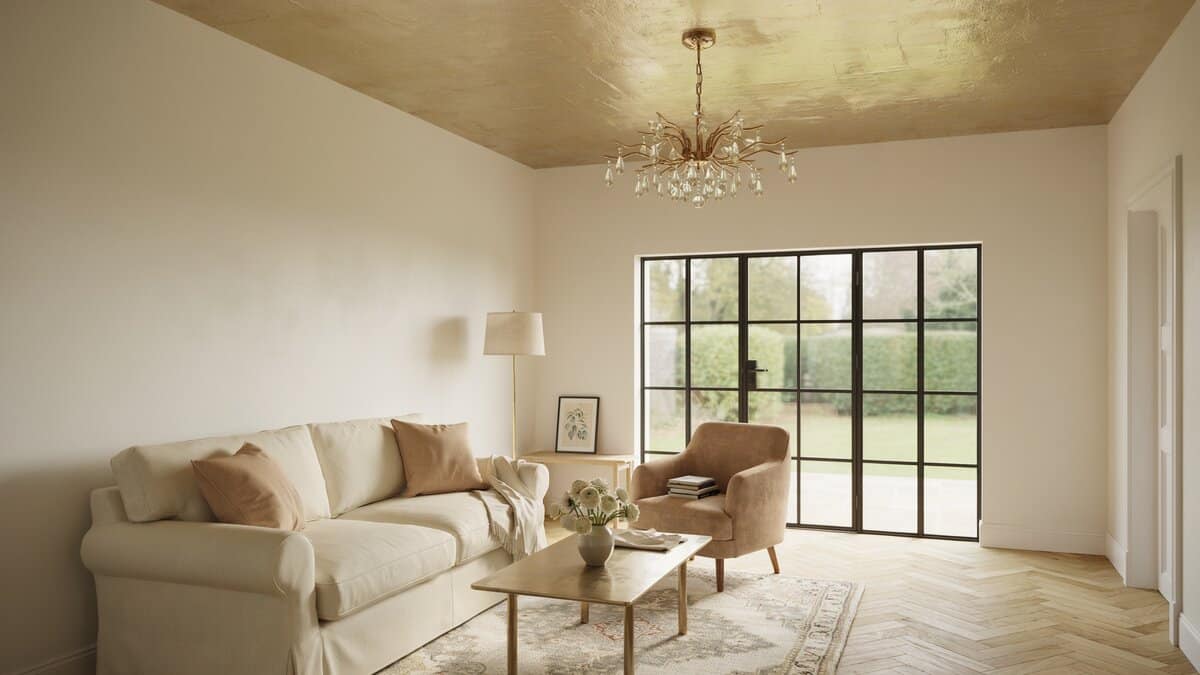Cream living room glowing under a gold ceiling with chandelier and garden doors