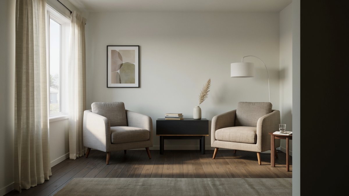Living room with dark espresso vinyl flooring, oatmeal linen armchairs and black center table